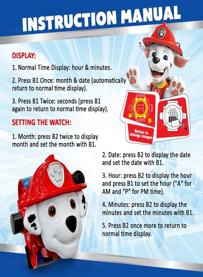 Wembley Paw Patrol Digital Projector Watch for Kids| Cute Rakhi Gift for Brothers| Shows Time, Date & Month| with Adjustable Silicone Strap| with 24 Fun Images & Unbreakable Case- Marshall - Image 4